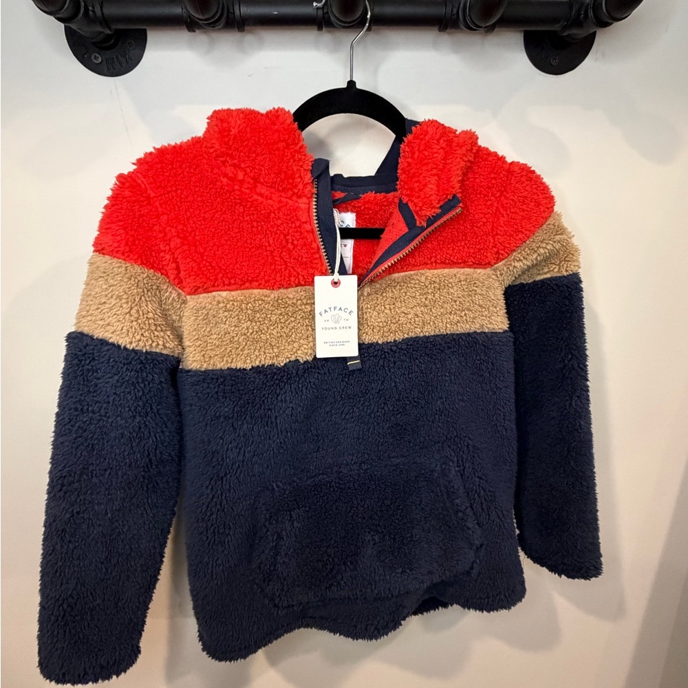 Fat Face Kids Colorblock Sherpa Hoodie - Red, Tan & Navy